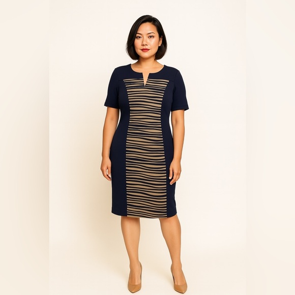 Connected Apparel Navy Blue Dress 14 Slit Neck Stretch Tan Front Panel Classic - Picture 1 of 5